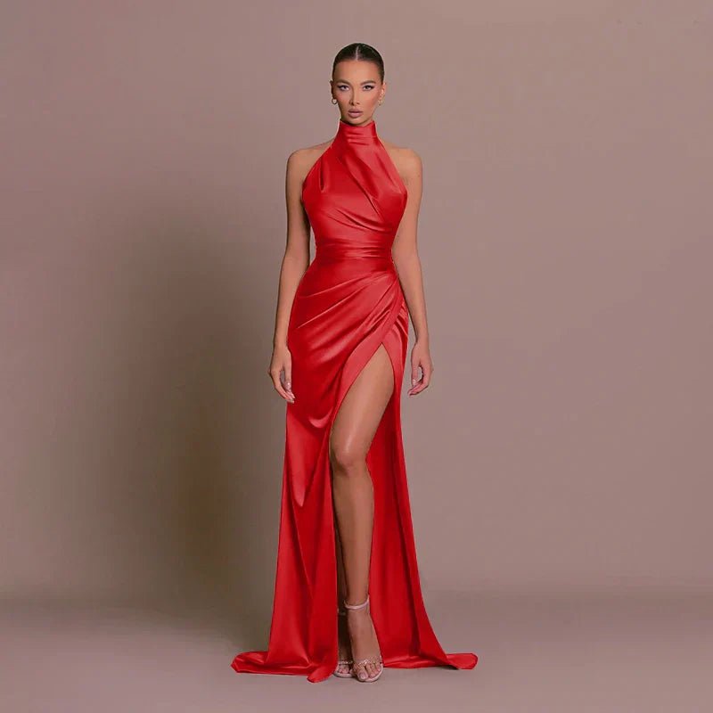 Women's Mermaid Evening Satin Halter Maxi Party Gown - Red