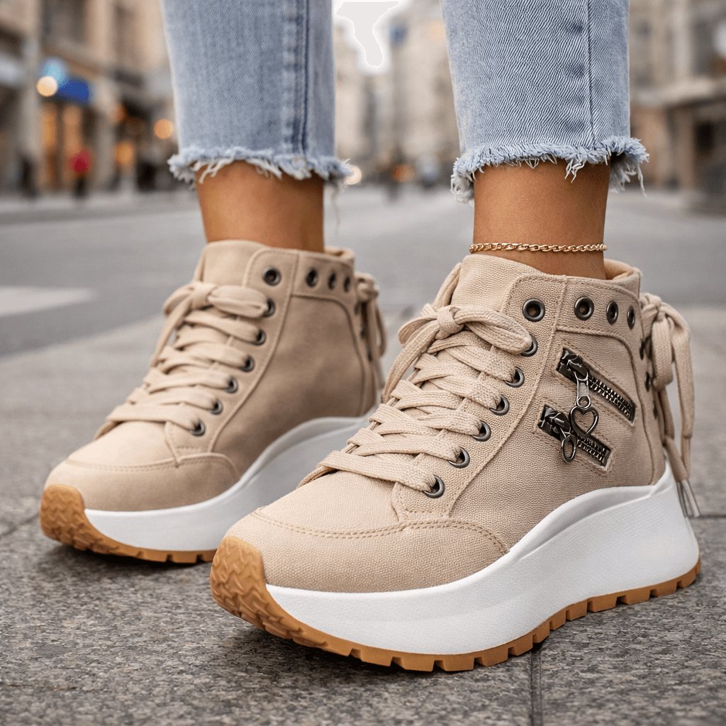 Women's Chunky Denim High-Top Platform Lace-Up Wedge Trainers - Khaki