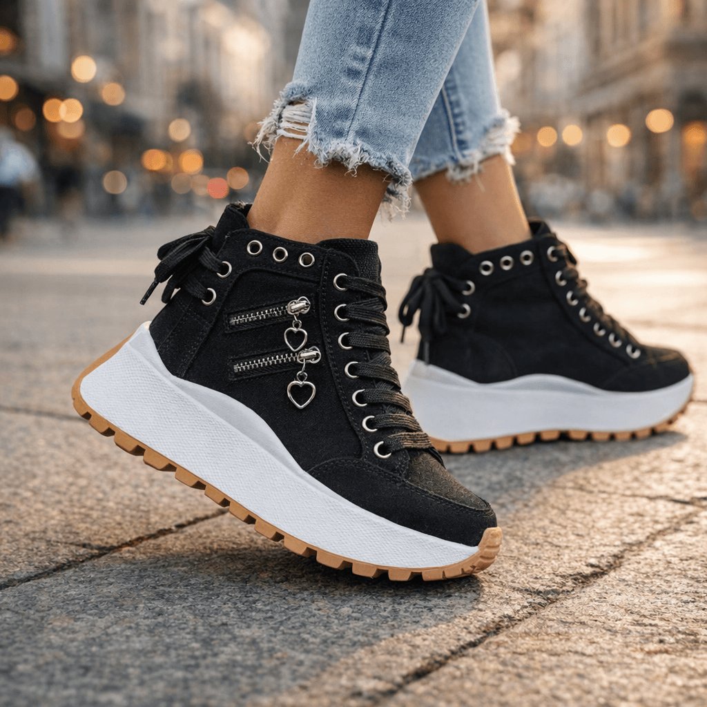 Women's Chunky Denim High-Top Platform Lace-Up Wedge Trainers - Black
