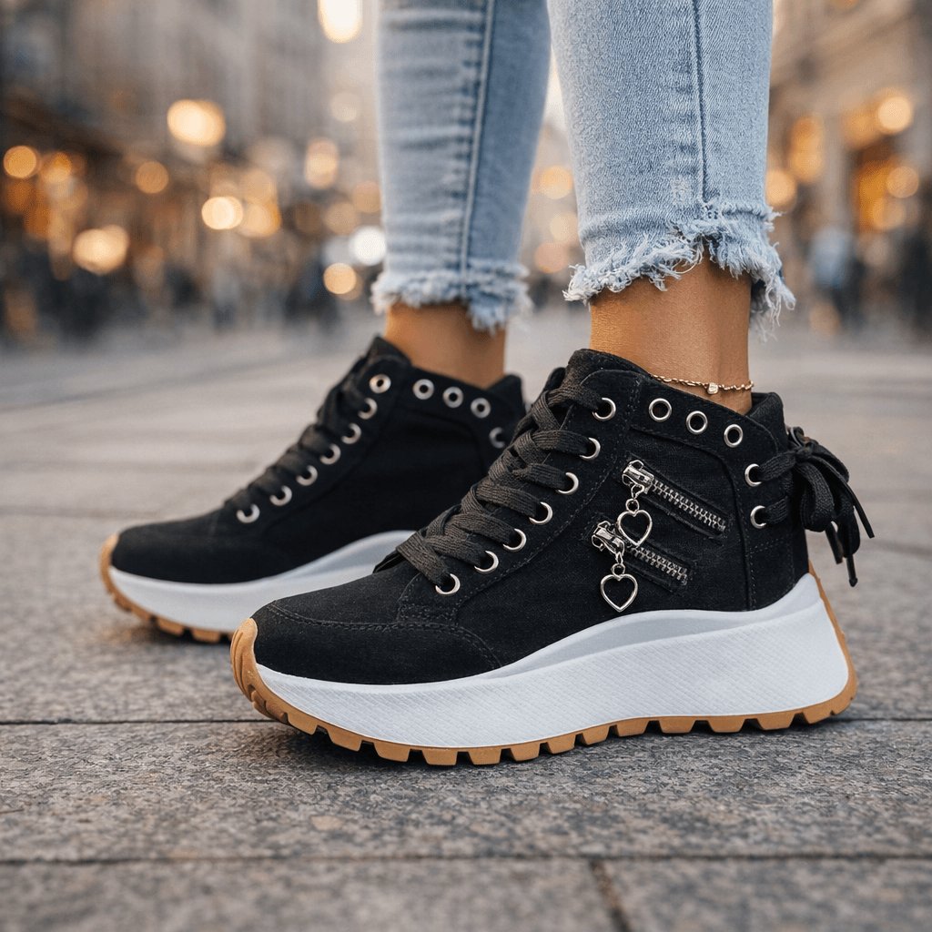 Women's Chunky Denim High-Top Platform Lace-Up Wedge Trainers