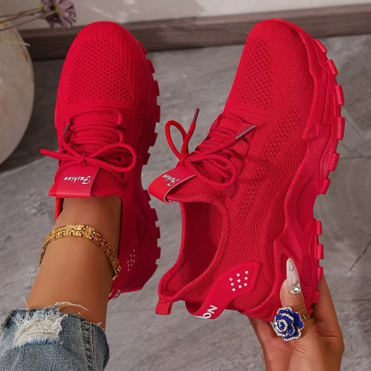 Women's Chunky Knit Platform Trainers - Red