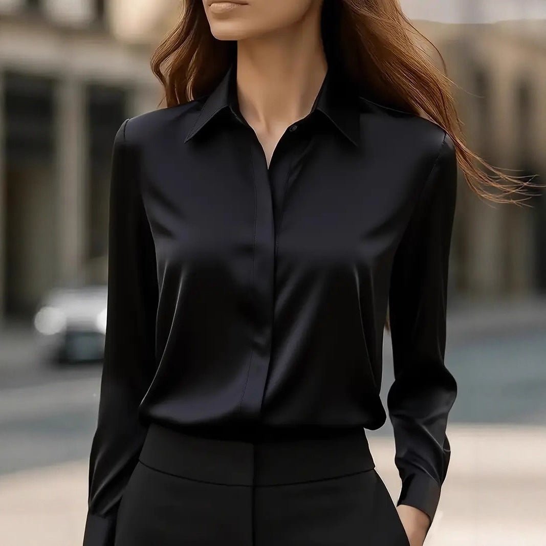 Women's Black Slim Satin Long Sleeve Blouse - Black
