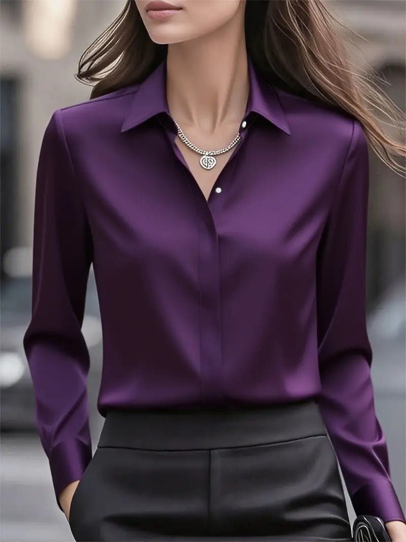 Women's Black Slim Satin Long Sleeve Blouse - Lilac