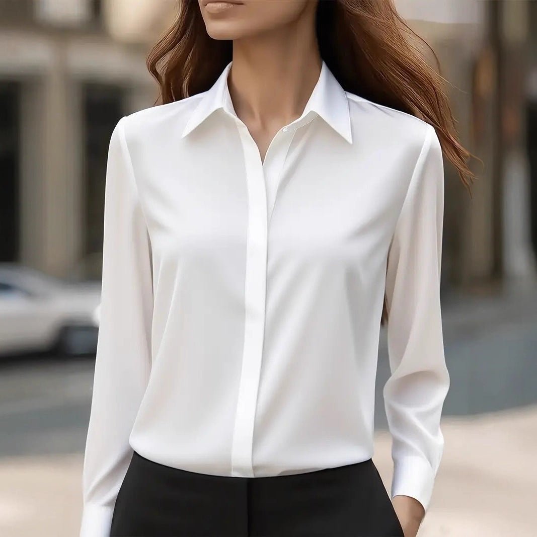 Women's Black Slim Satin Long Sleeve Blouse - White