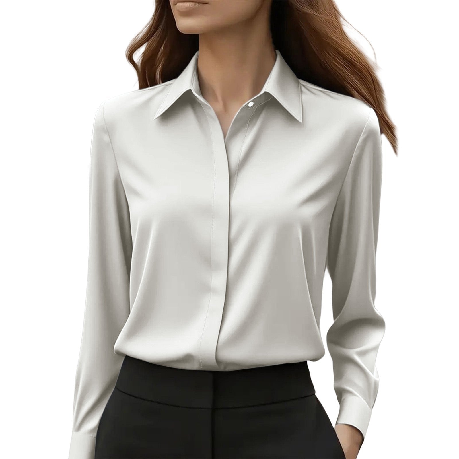 Women's Black Slim Satin Long Sleeve Blouse - Light gray