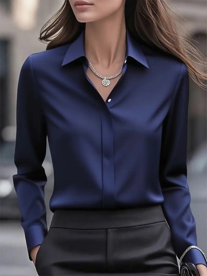 Women's Black Slim Satin Long Sleeve Blouse - Dark blue