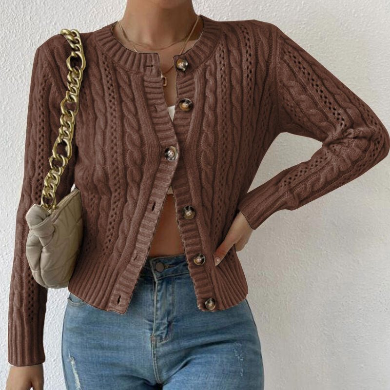 Women's Cropped Cable Knit Wool Cardigan - Brown