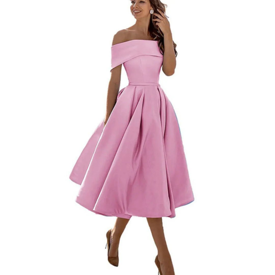 Women's Satin Off-Shoulder Midi Party Dress - Pink