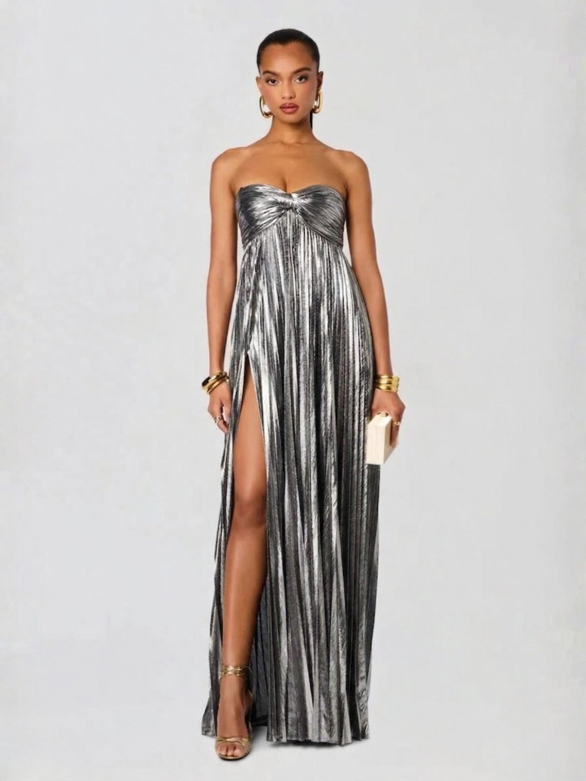 Women's Pleated Sequin Strapless Maxi Party Gown - Silver