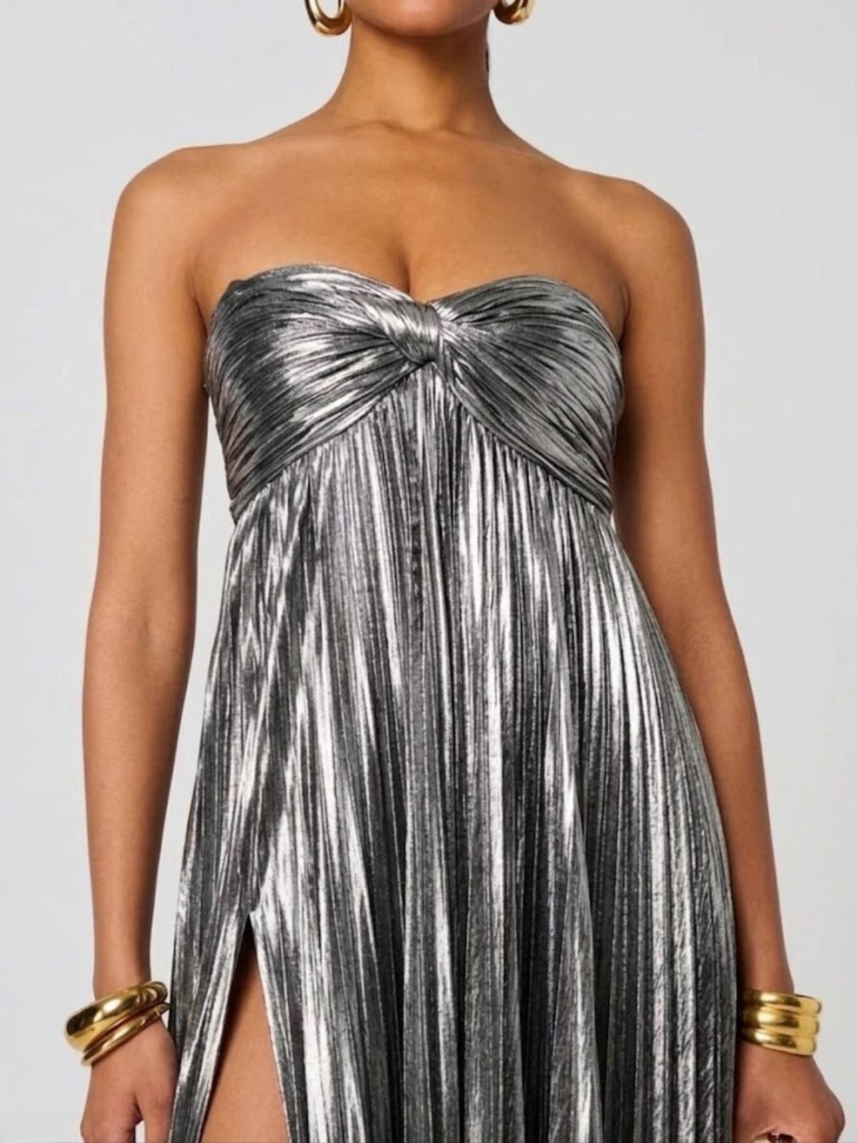 Women's Pleated Sequin Strapless Maxi Party Gown