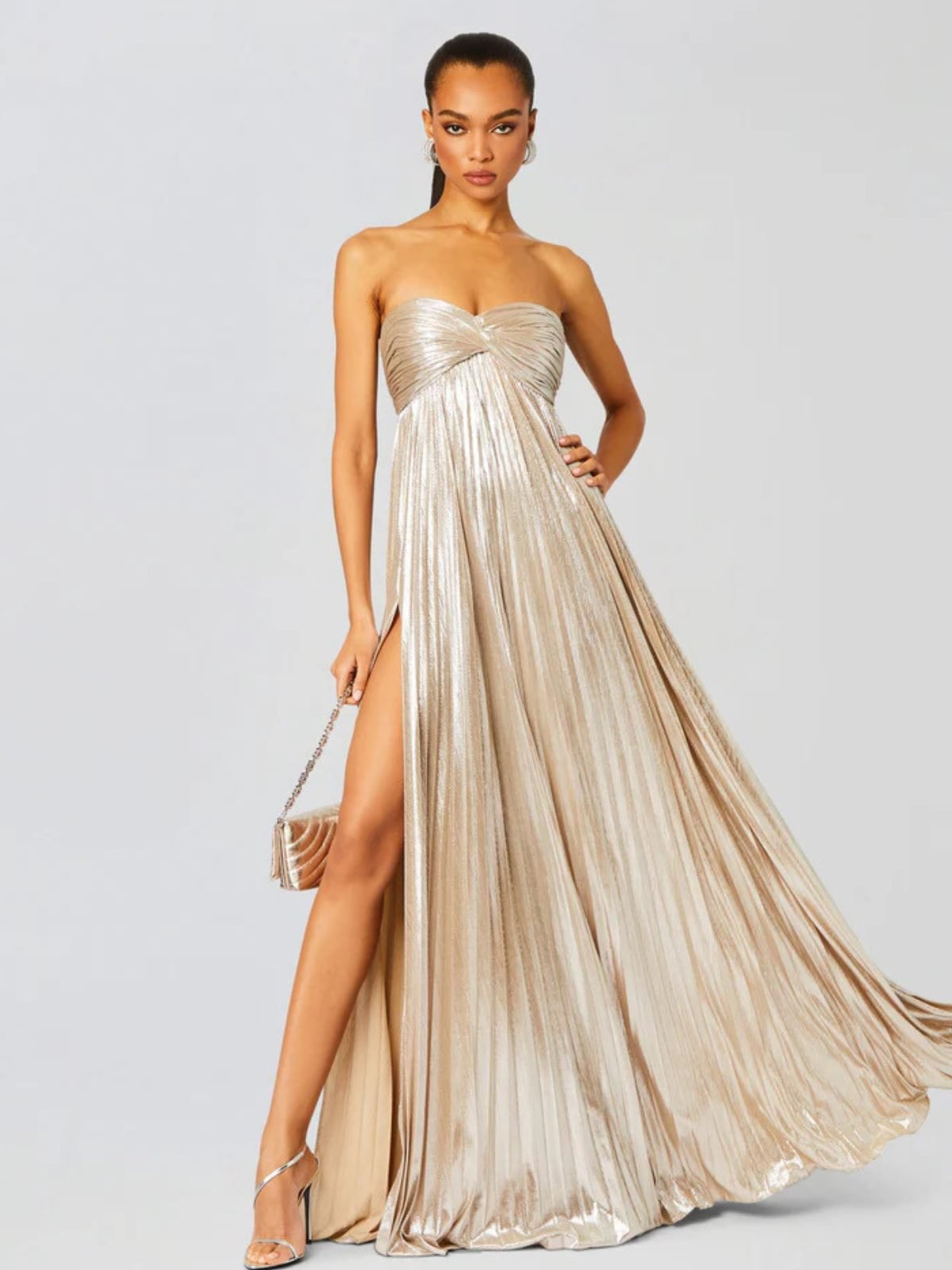 Women's Pleated Sequin Strapless Maxi Party Gown