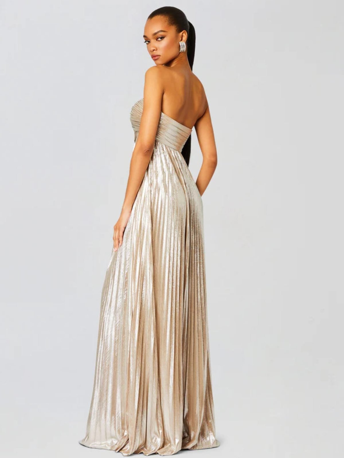 Women's Pleated Sequin Strapless Maxi Party Gown