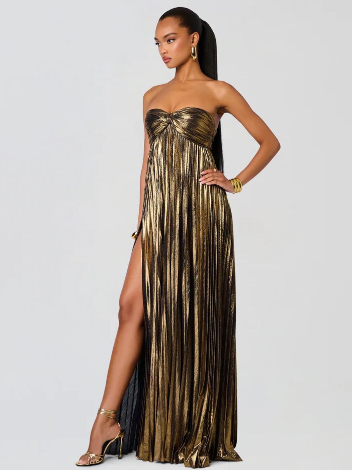 Women's Pleated Sequin Strapless Maxi Party Gown