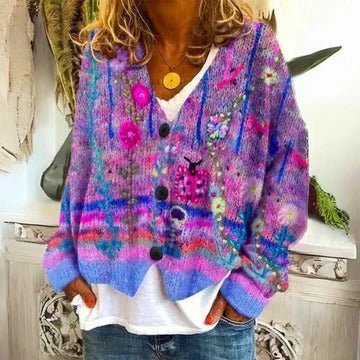 Women's Chunky Floral Wool V-Neck Cardigan - Blue Flowers