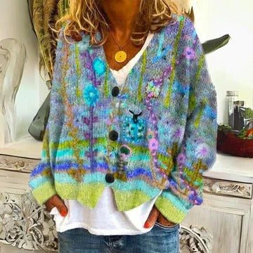 Women's Chunky Floral Wool V-Neck Cardigan - Red Flowers