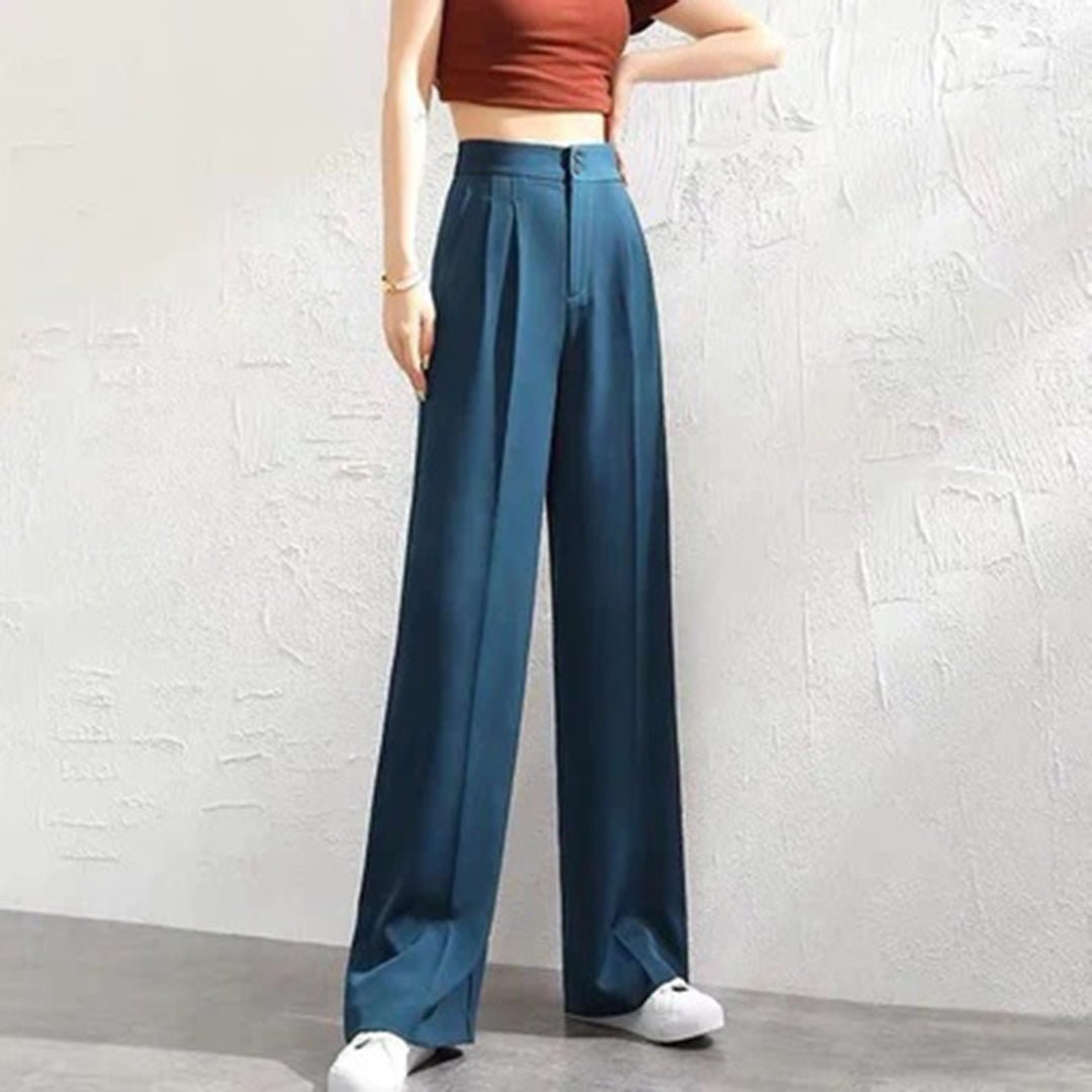 Women's High-Waisted Pleated Wide-Leg Trousers - Blue