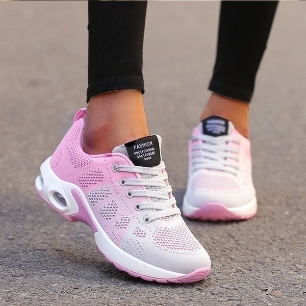 Women's Chunky Air-Cushion Running Lace-Up Platform Trainers - Pink/Gray