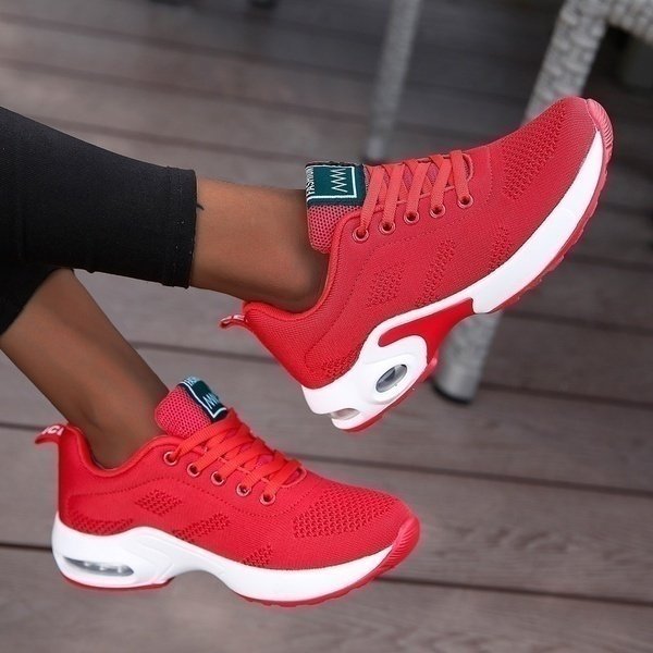 Women's Chunky Air-Cushion Running Lace-Up Platform Trainers - Red