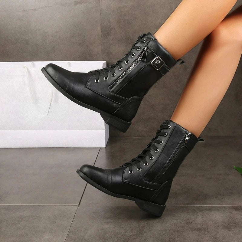 Women's Faux Leather Combat Boots - Black