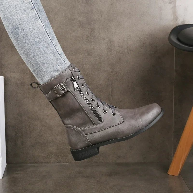 Women's Faux Leather Combat Boots - Grey