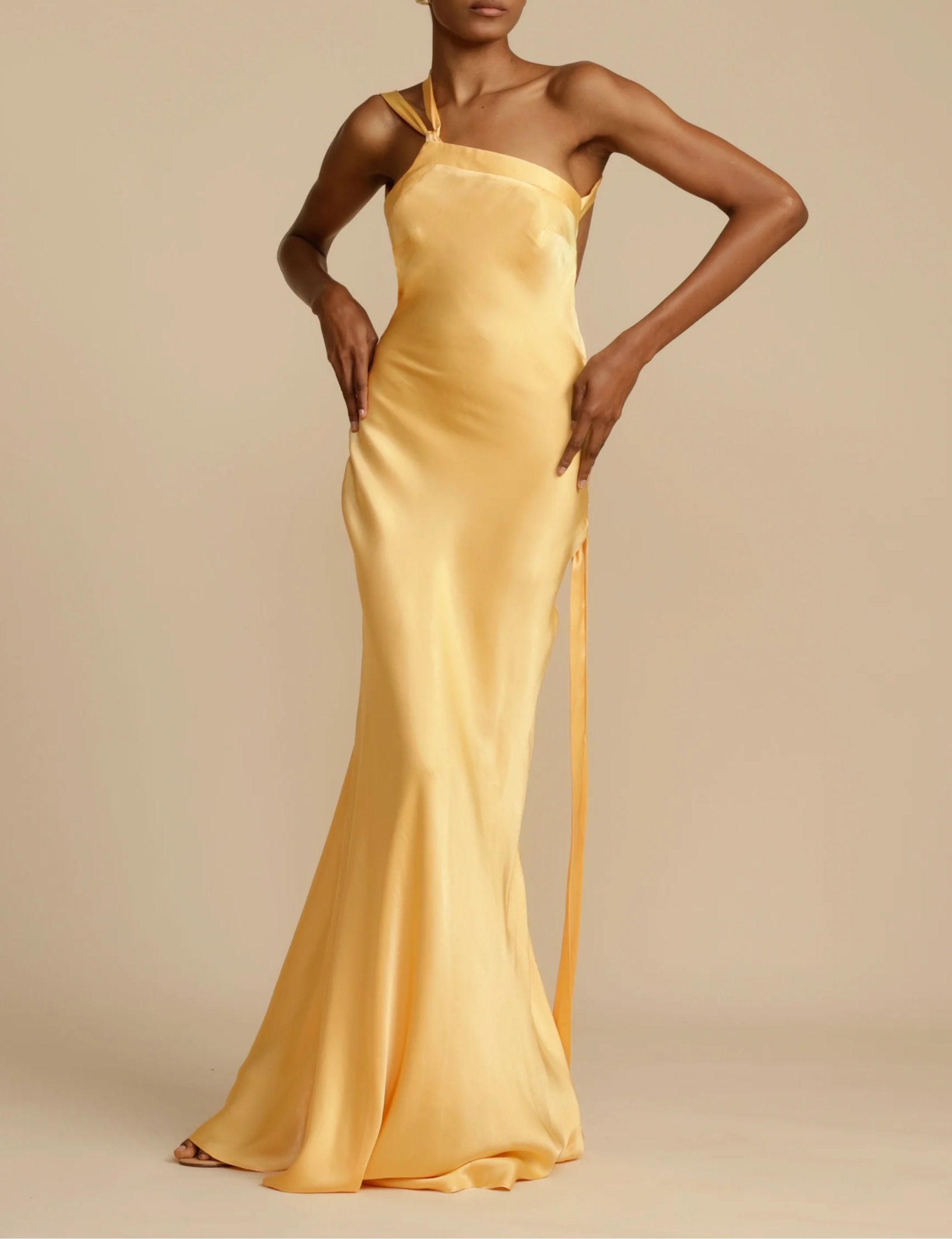 Women's Satin One-Shoulder Maxi Party Gown - Yellow