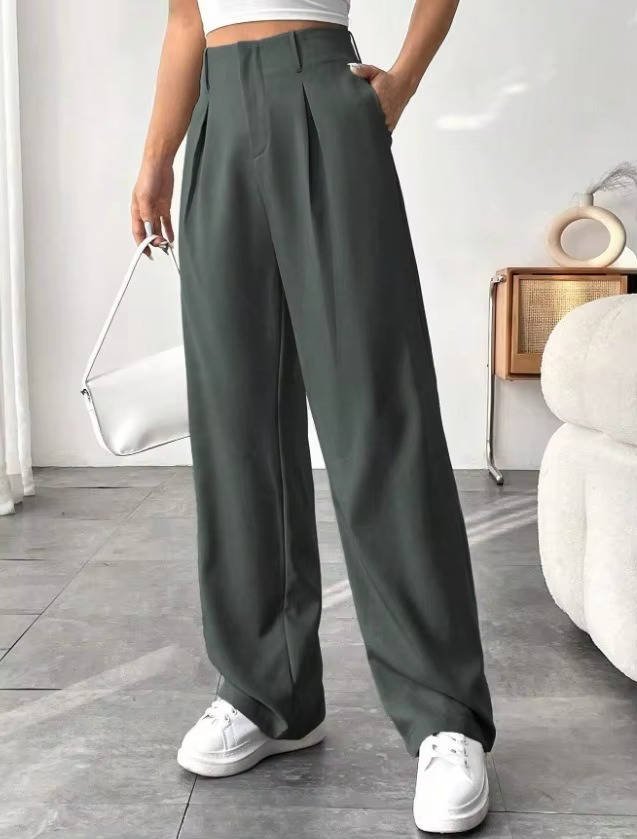Women's High-Waisted Pleated Wide-Leg Trousers - Dark Gray