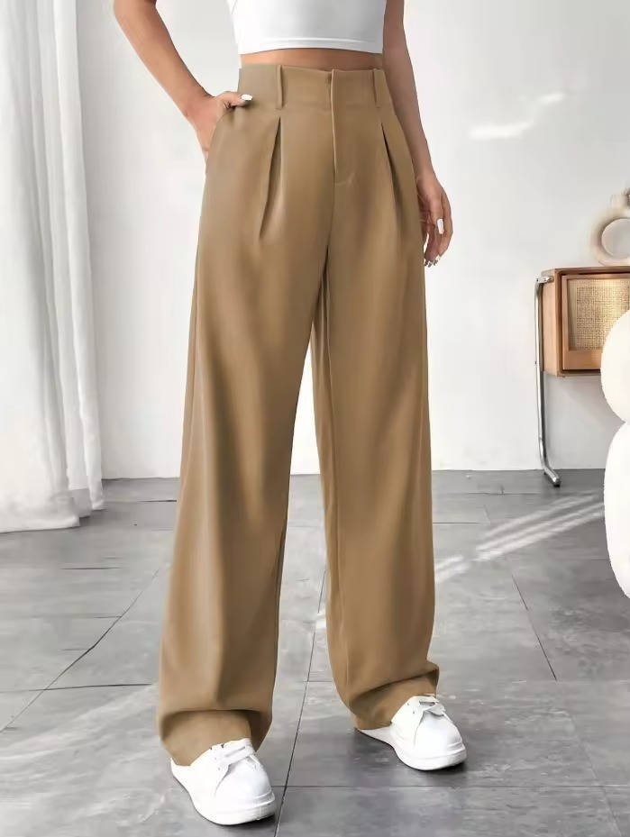Women's High-Waisted Pleated Wide-Leg Trousers - Khaki