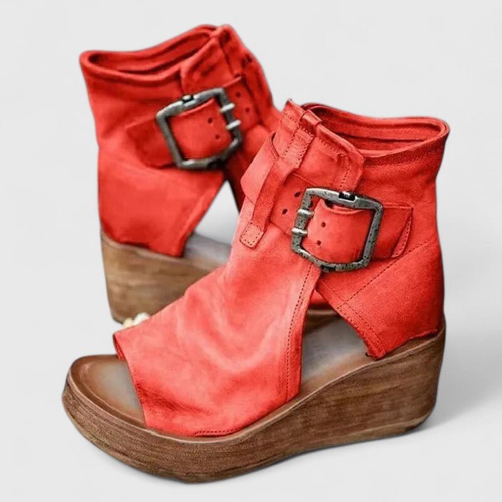 Women's Leather Wedge Ankle Booties - Red