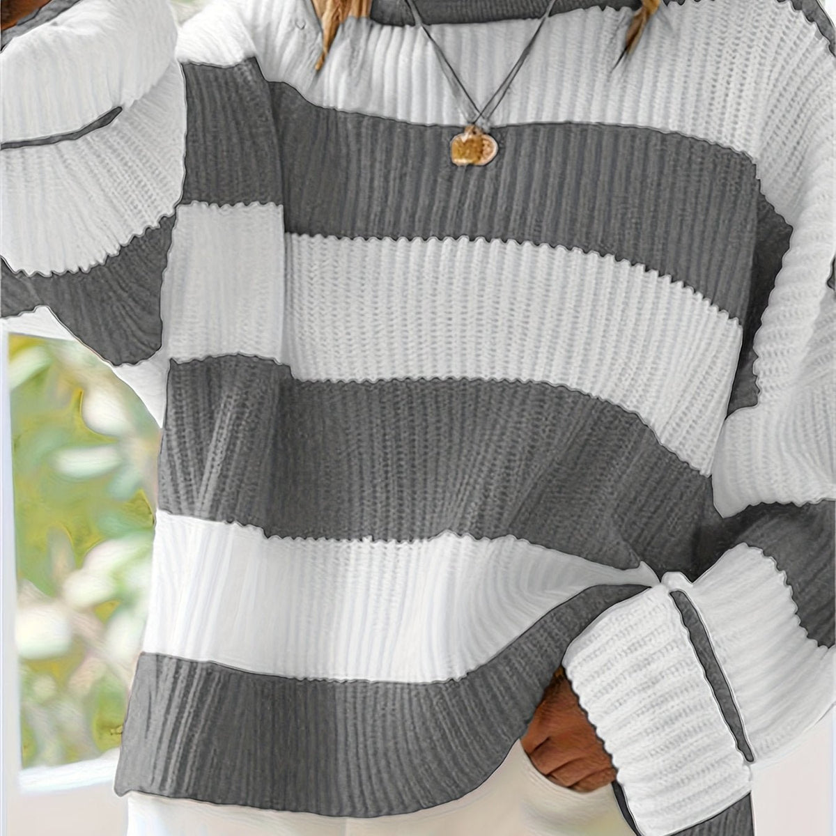 Women's Chunky Oversized Striped Knit Ribbed Jumper - Grey