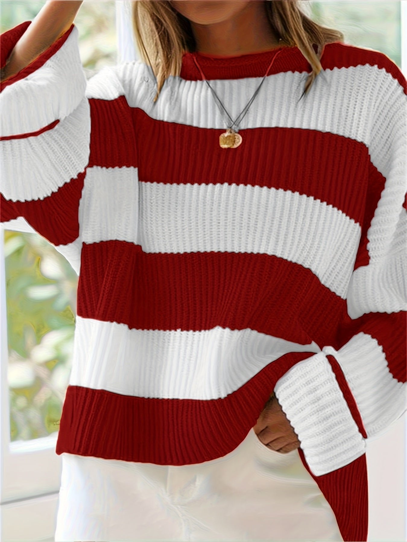 Women's Chunky Oversized Striped Knit Ribbed Jumper