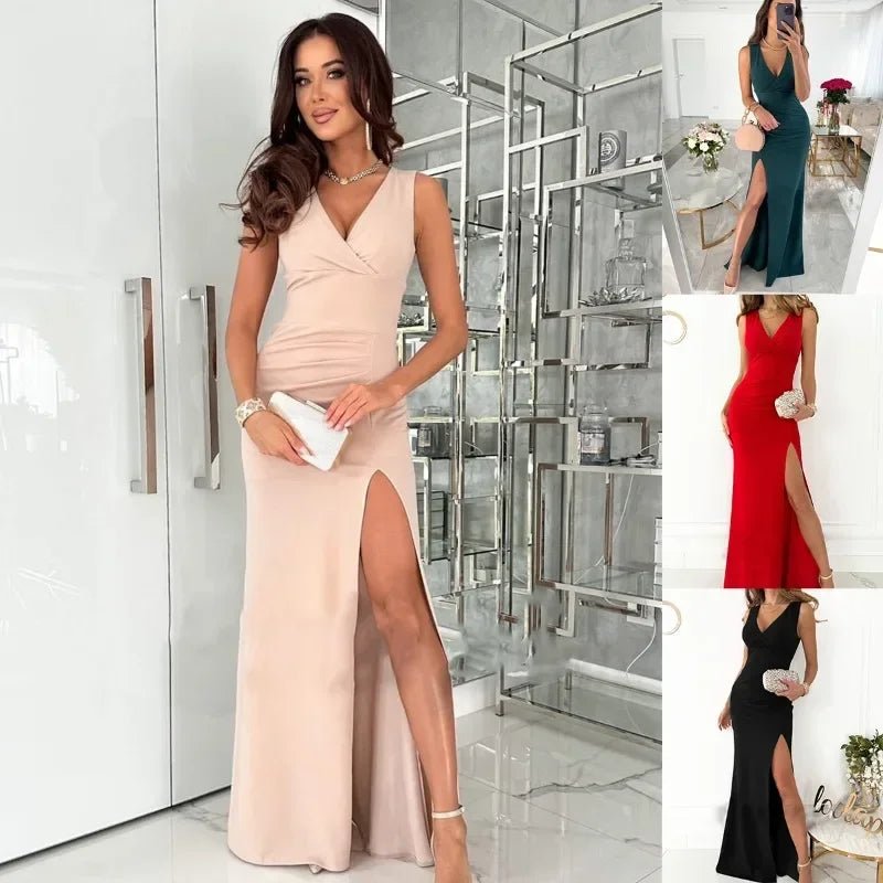 Women's Black Front Satin Wrap Maxi Party Gown