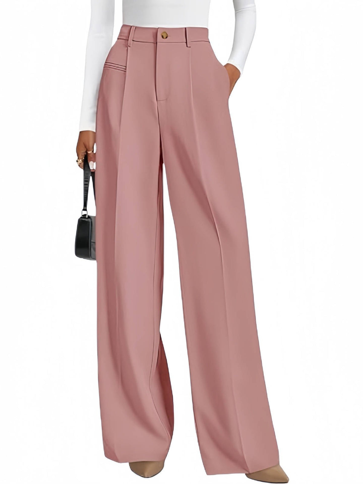 Women's High-Waisted Pleated Wide-Leg Trousers - Pink