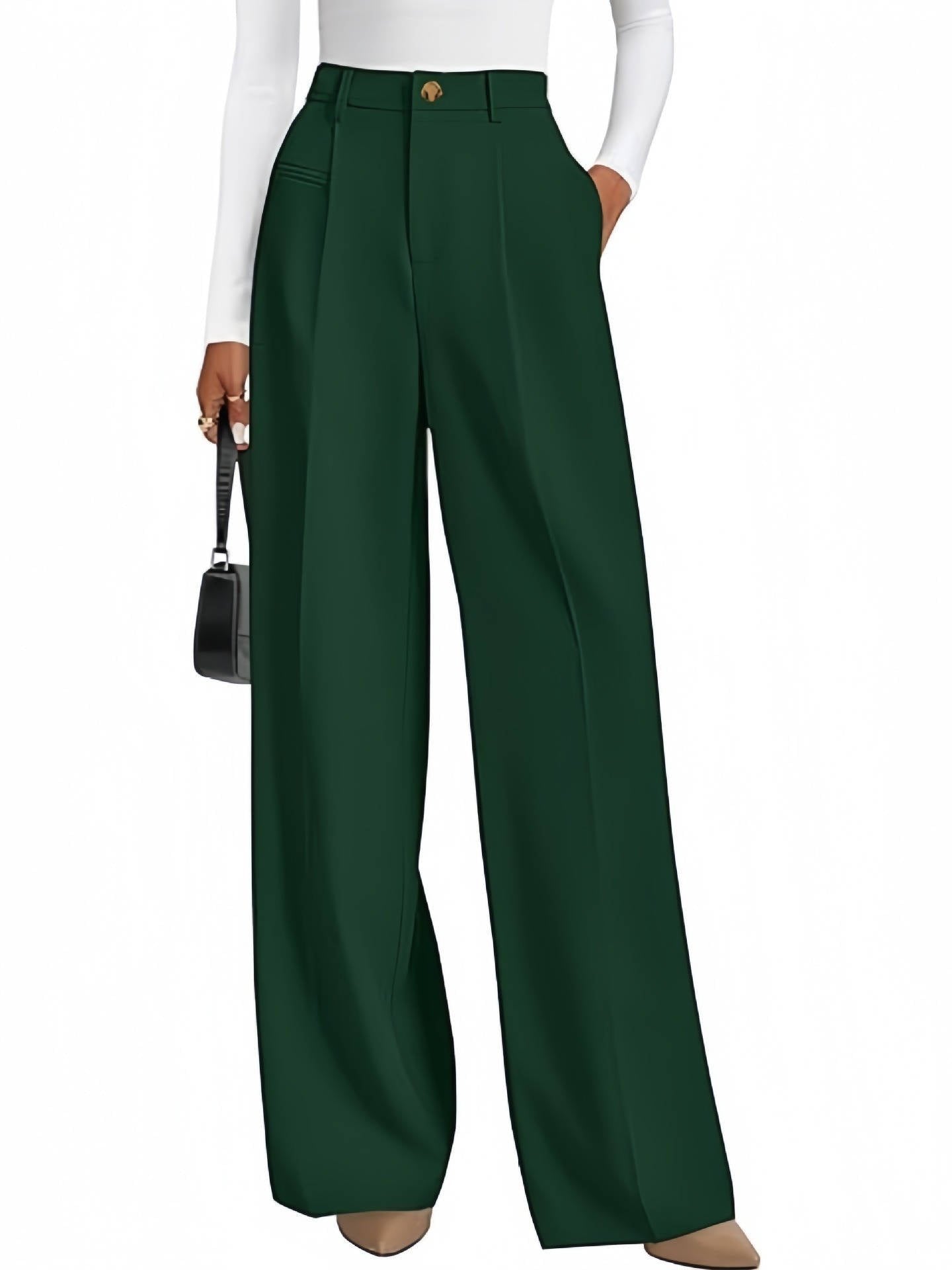Women's High-Waisted Pleated Wide-Leg Trousers - Dark Green