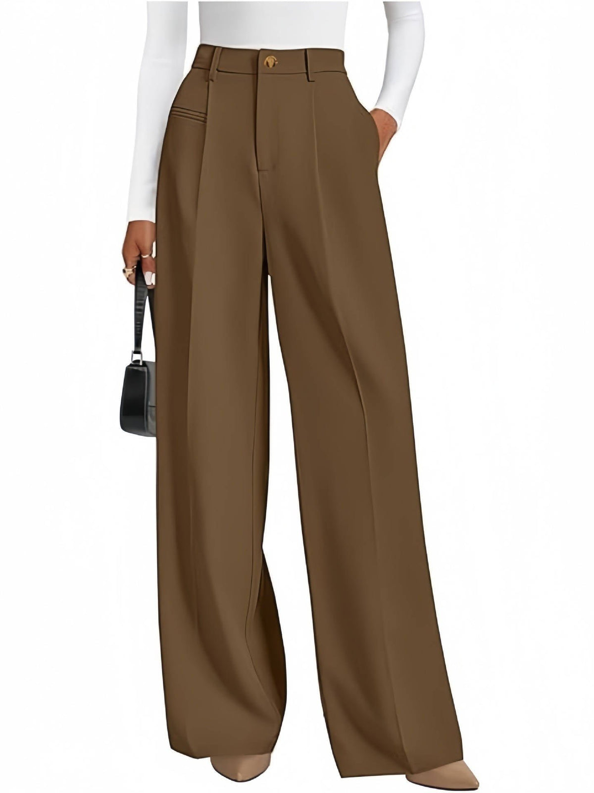 Women's High-Waisted Pleated Wide-Leg Trousers - Brown
