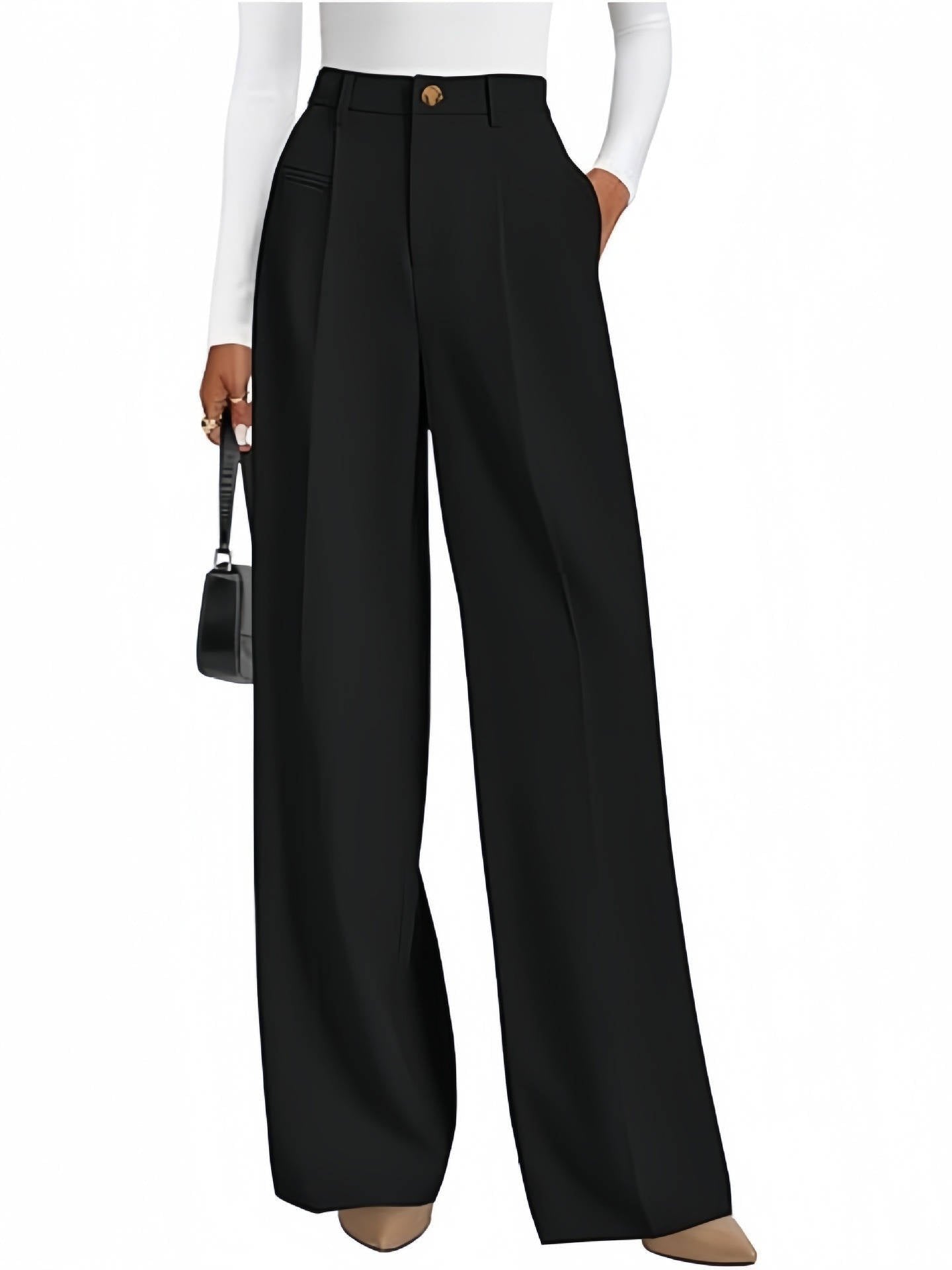 Women's High-Waisted Pleated Wide-Leg Trousers - Black