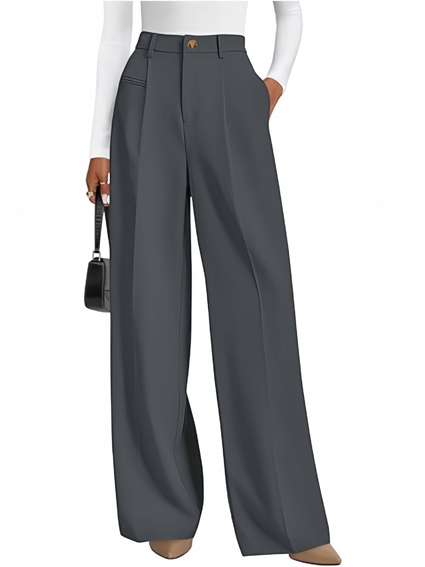 Women's High-Waisted Pleated Wide-Leg Trousers - Dark Gray