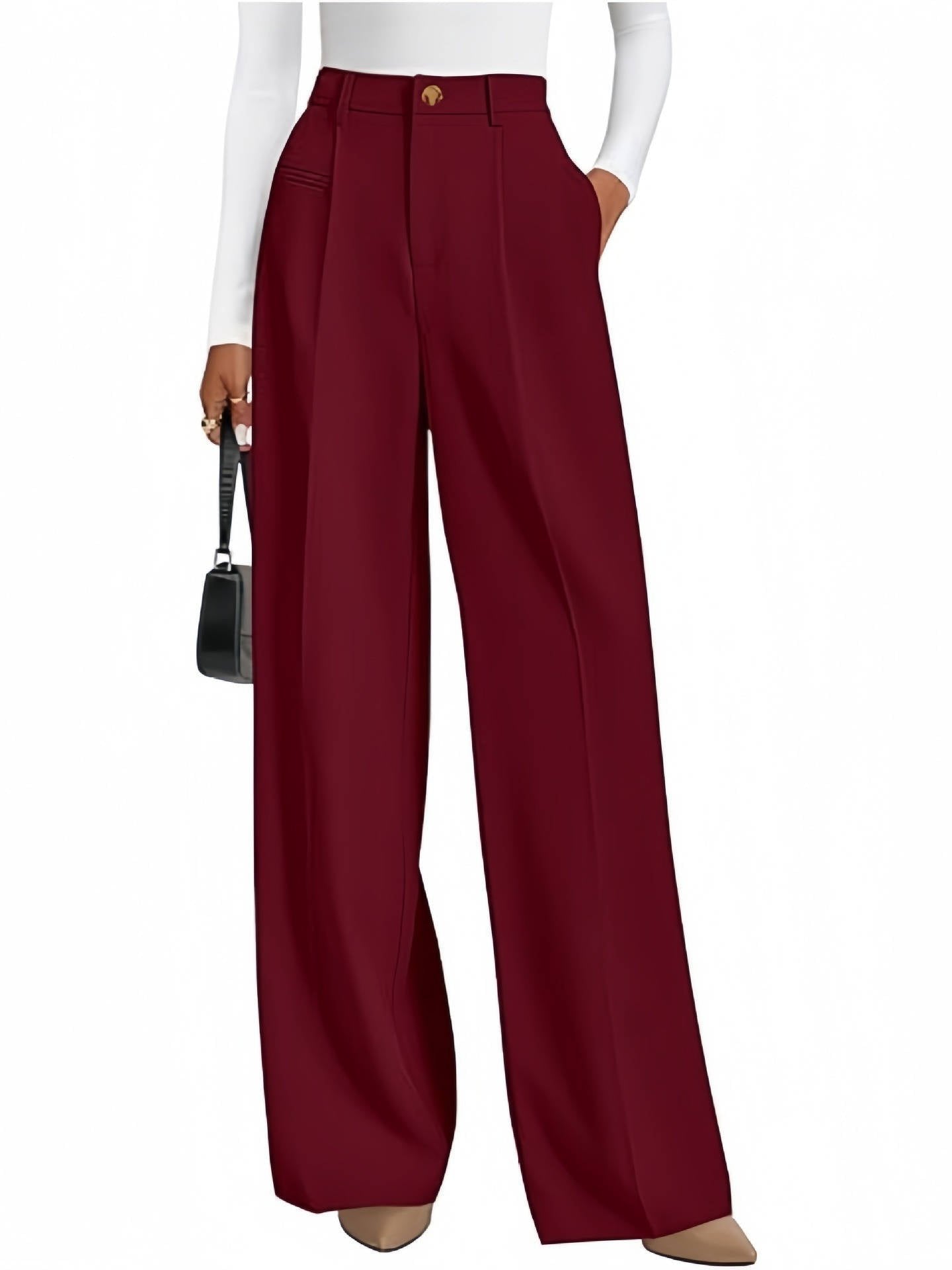 Women's High-Waisted Pleated Wide-Leg Trousers - Wine Red