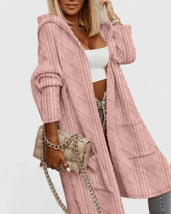 Women's Oversized Cardigan Cable Knit Longline Hooded Coat - Pink