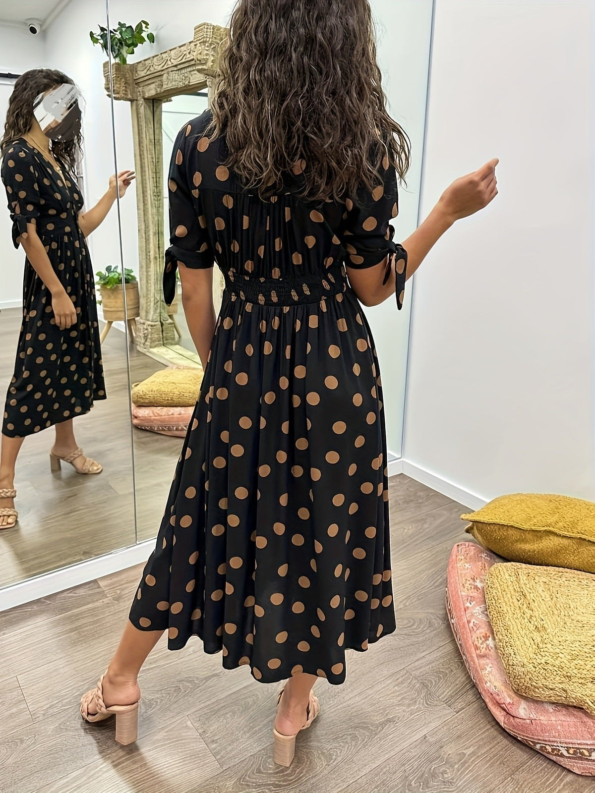 Women's Black Satin Midi Party Shirt Dress