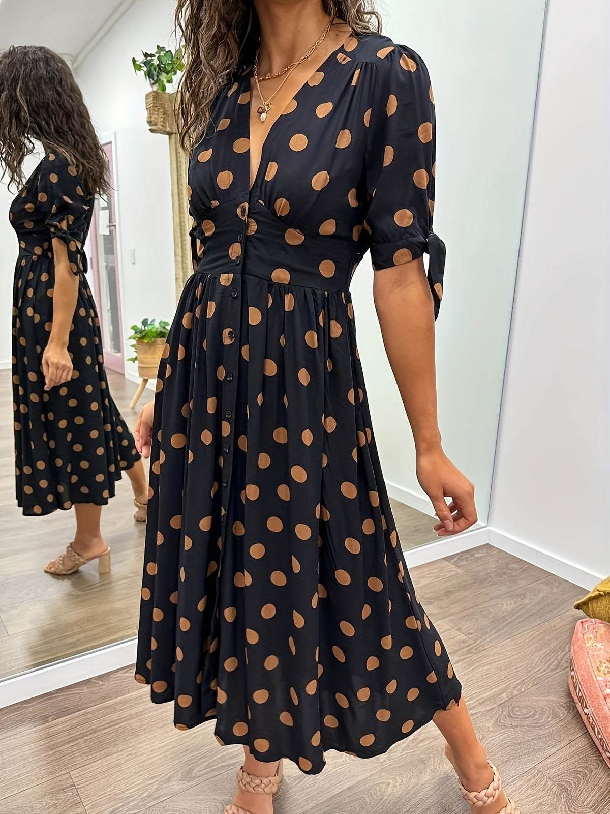 Women's Black Satin Midi Party Shirt Dress