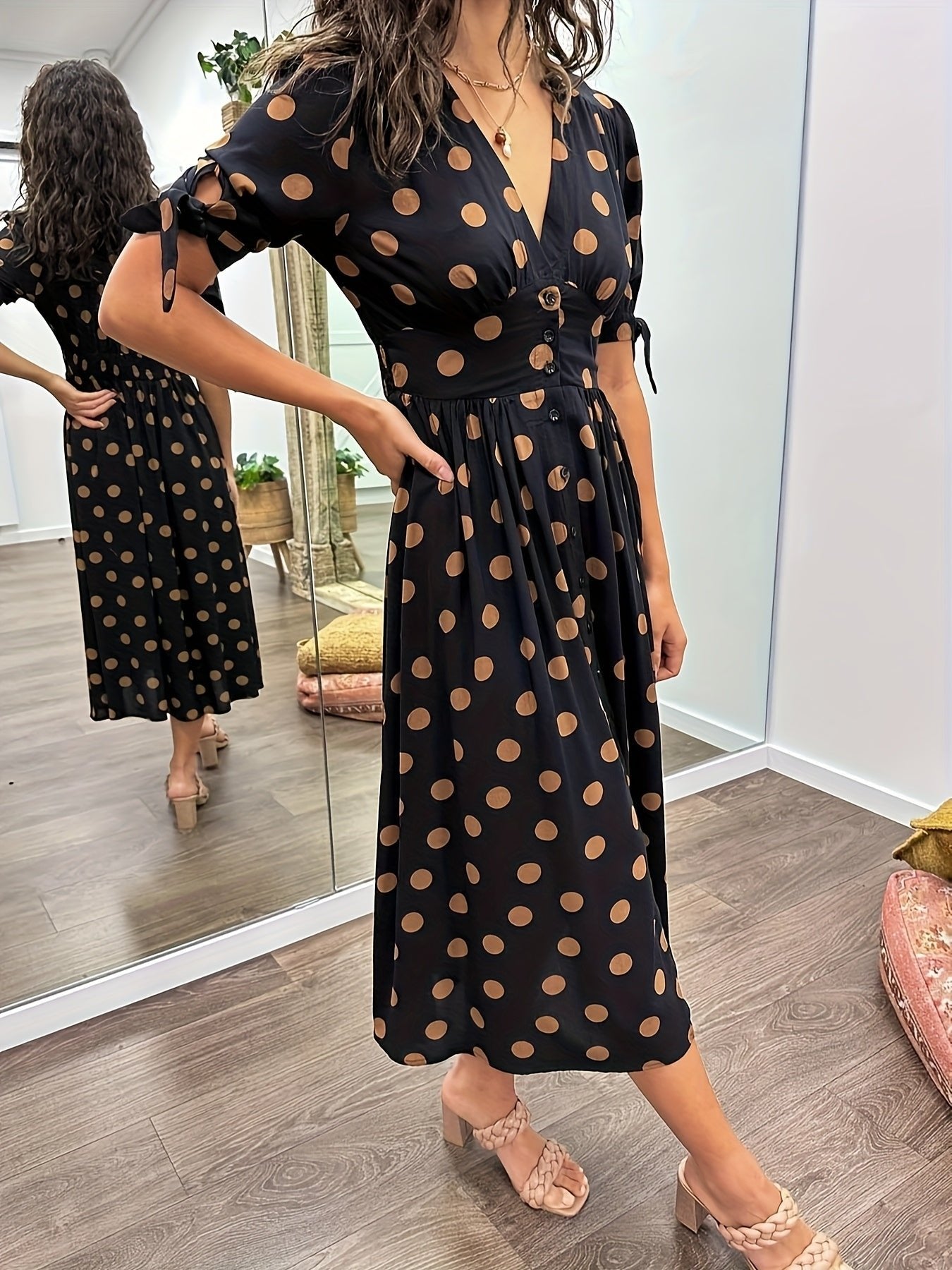 Women's Black Satin Midi Party Shirt Dress
