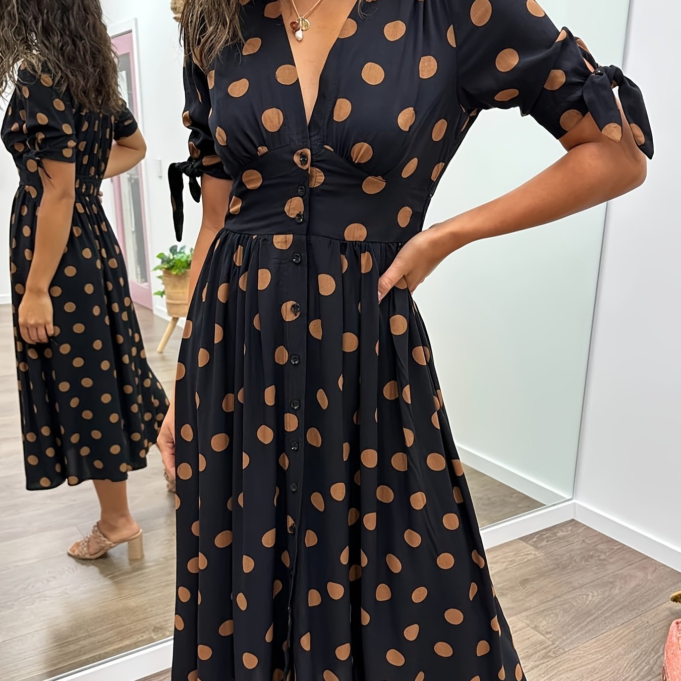 Women's Black Satin Midi Party Shirt Dress