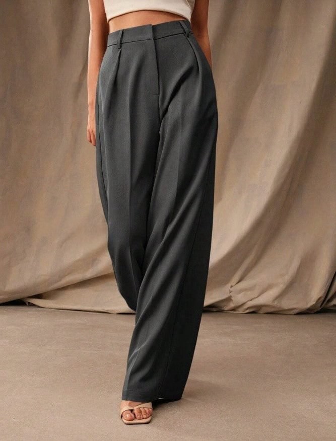 Women's High-Waisted Tailored Pleated Wide-Leg Trousers - Dark Grey