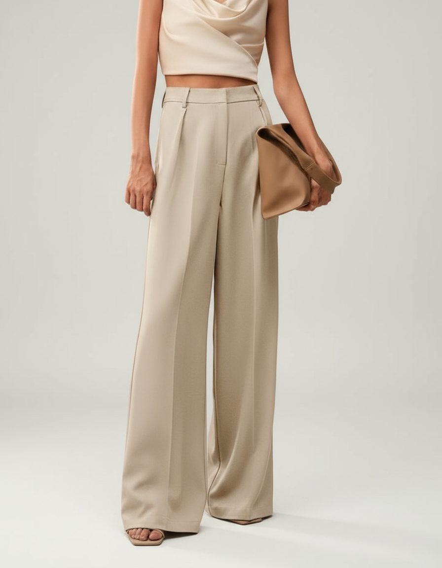 Women's High-Waisted Tailored Pleated Wide-Leg Trousers - Beige