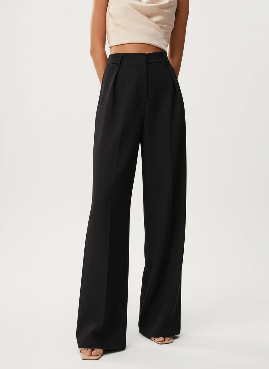 Women's High-Waisted Tailored Pleated Wide-Leg Trousers - Black