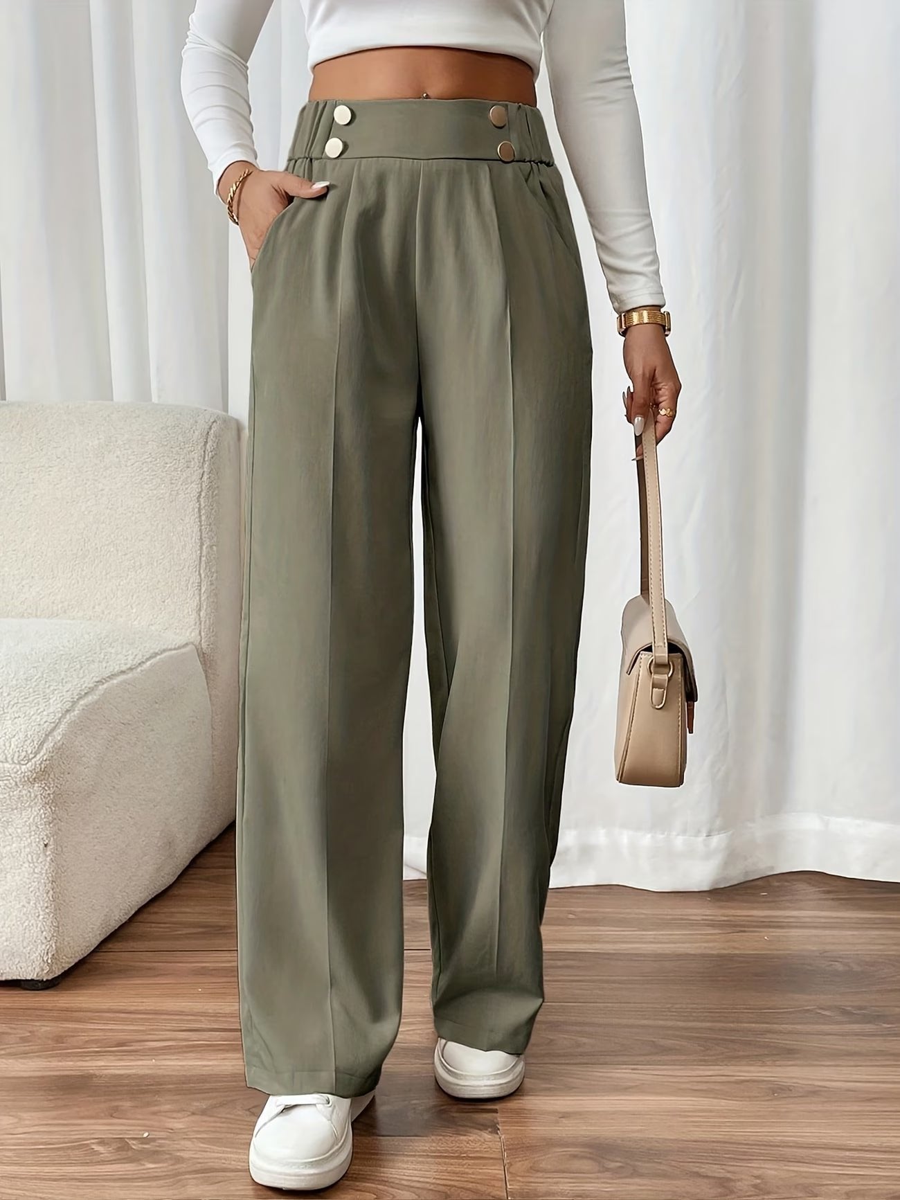 Women's Black Work High-Waisted Tailored Pleated Wide-Leg Trousers - Green