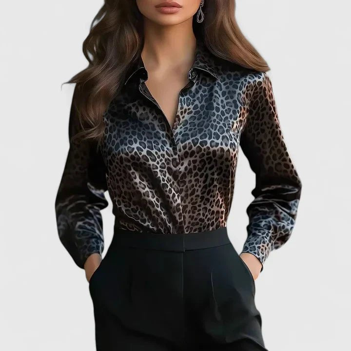 Women's Leopard Satin Long Sleeve Blouse - Black