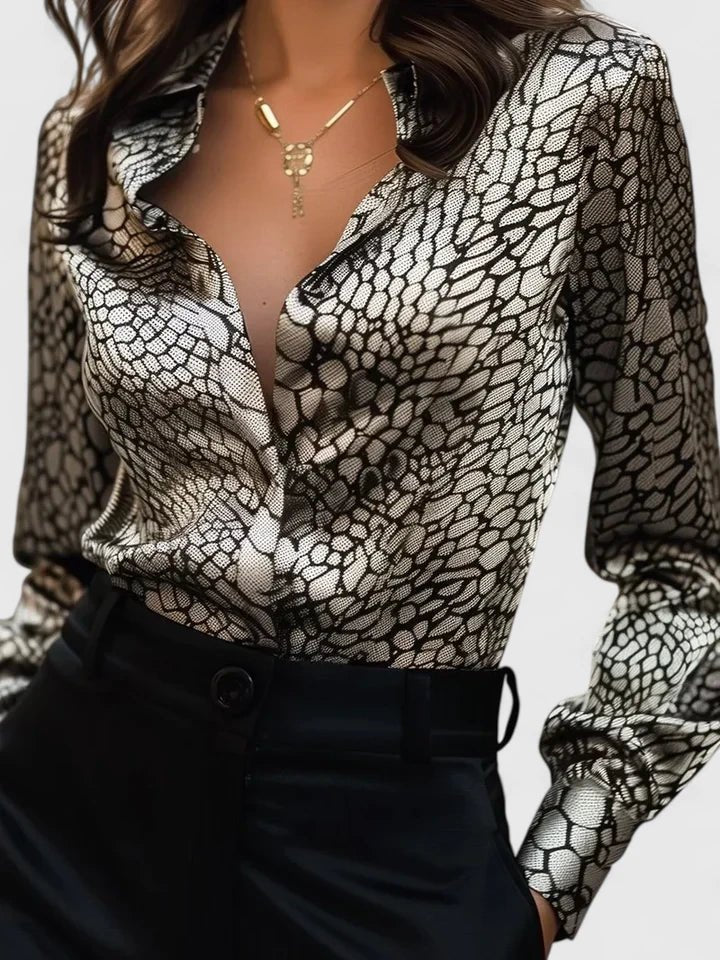 Women's Leopard Satin Long Sleeve Blouse