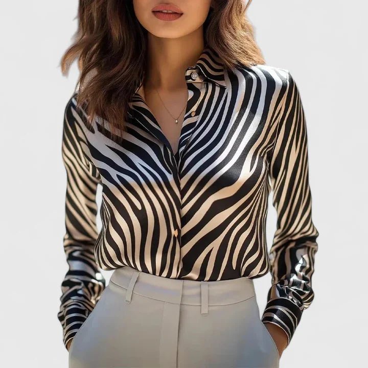 Women's Leopard Satin Long Sleeve Blouse - Black White