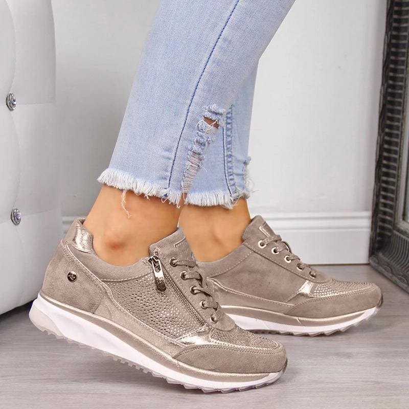 Women's Suede Wedge Lace-Up Platform Trainers - Gray